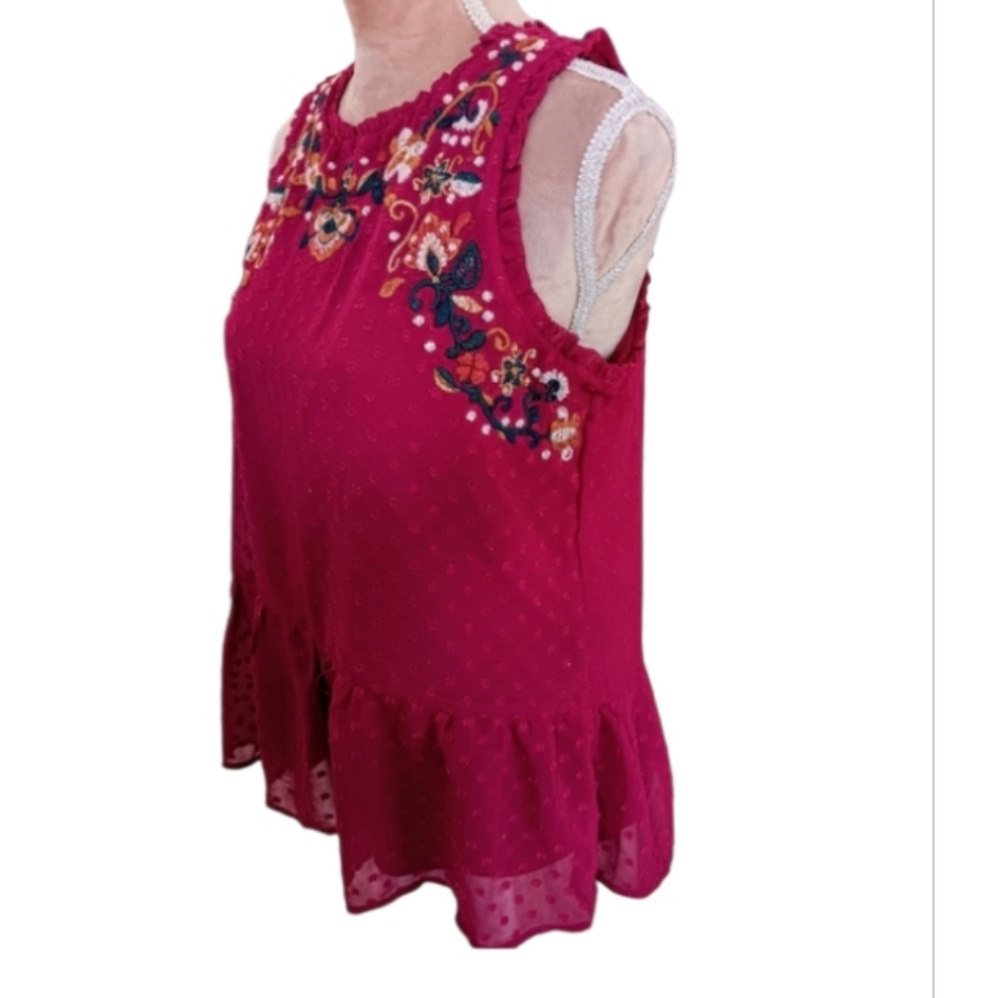 Love On A Hanger ~ Pink Embroidered Swiss Dot Ruffle Peplum Tank Top | M - Picture 9 of 9
